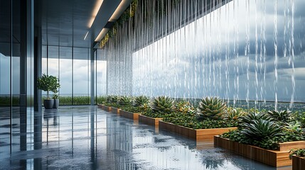 Modern architectural balcony with a cascading water feature creating a serene rain effect over lush potted plants and a reflective wet floor with dramatic sky background