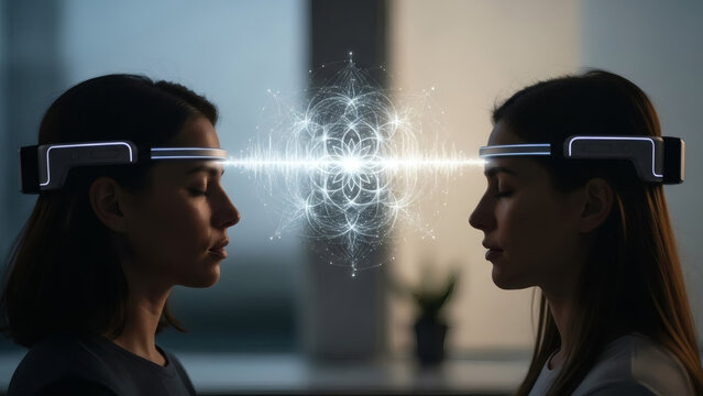 Two women wearing futuristic virtual reality headsets with glowing connections - Powered by Adobe