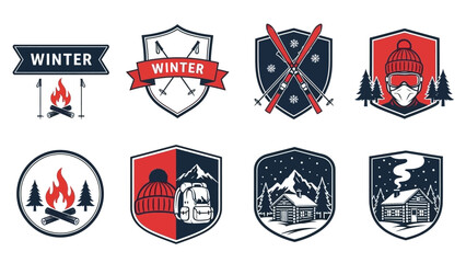 Premium collection of vintage winter sports and outdoor adventure emblems, featuring skiing gear, snowy cabins, and campfire designs, ideal for seasonal branding