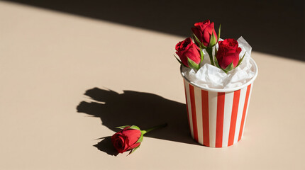 Red rosebuds arranged in a red and white striped paper cup with crumpled white tissue casting dramatic shadows on beige surface in a romantic minimalist still life