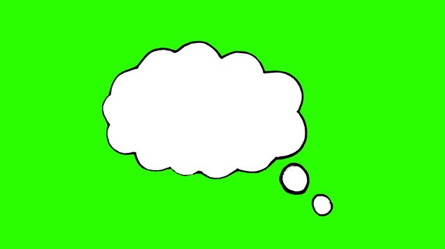 Hand-drawn white thought bubble with black outline on green screen background, perfect for comic book style dialogue, creative video transitions, social media, and vlogs.
