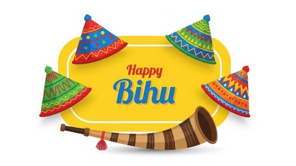 Vibrant Bihu celebration with traditional Assamese party hats and musical instrument