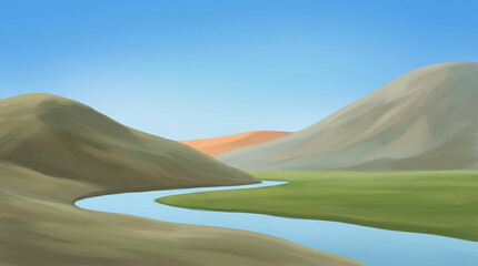 Serene landscape rolling green hills and a gentle river meandering through a lush valley under a clear blue sky