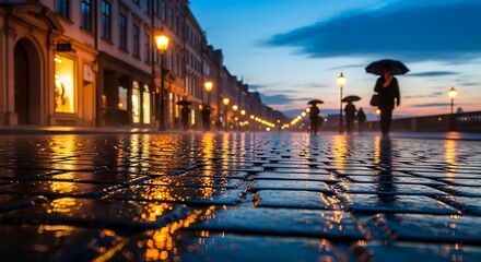 People walking with umbrellas on a wet city street at dusk with reflections of streetlights on the pavement with rain and evening and urban and landscape
