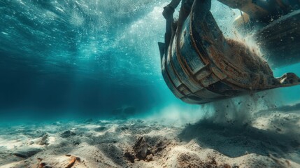 Medium shot of mechanical dredging excavator scooping sediment from marina seabed showcasing heavy machinery clearing underwater debris for navigation safety.