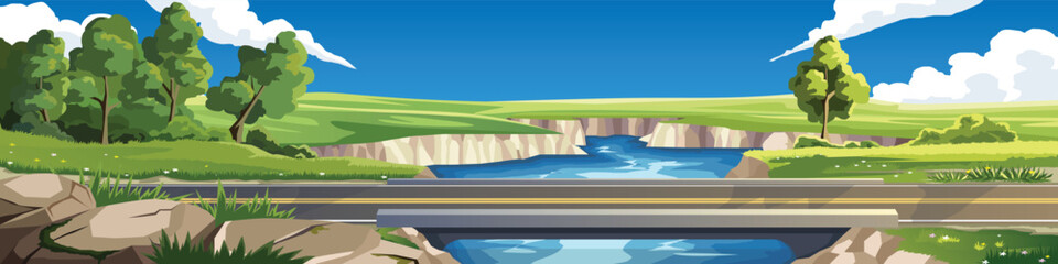 Vector illustration of an asphalt road bridge crossing a blue river in a green countryside landscape with rocky cliffs, trees, and a cloudy blue sky. Scenic nature background for travel concepts.