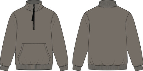 Grey quarter zip pullover sweatshirt mockup template with front and back view for technical fashion apparel design and urban branding