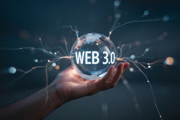 Professional businessman holding a glowing crystal globe with Web 3.0 text and decentralized digital network connections for future internet technology