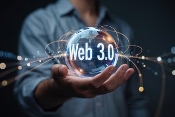 Professional businessman holding a glowing crystal globe with Web 3.0 text and decentralized digital network connections for future internet technology