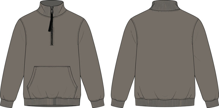 Grey quarter zip pullover sweatshirt mockup template with front and back view for technical fashion apparel design and urban branding