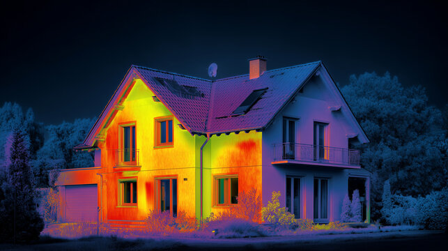 Night thermal imaging of a residential house showing energy loss. Heat map visualization of building insulation performance and temperature distribution at dusk 