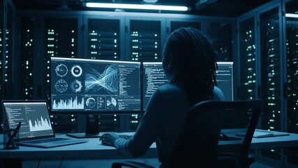 Woman works in a server room analyzing data on computer screens with blue ambient lighting. - Powered by Adobe