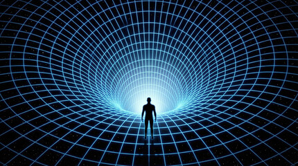 Silhouetted human figure standing before glowing blue grid tunnel opening into a cosmic vortex evoking awe and futuristic exploration