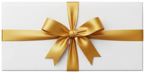 Valentine PNG, White gift box with golden ribbon and bow, top view, isolated on transparent background, luxury present