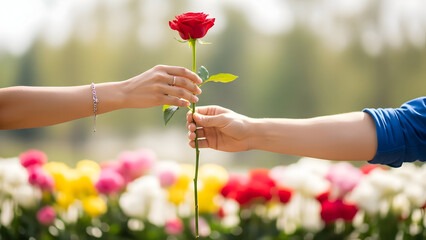 Romantic gesture of giving a red rose in a vibrant flower garden setting