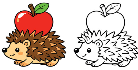 Cute cartoon hedgehog carrying a red apple vector illustration with coloring page outline Happy forest animal character with fruit for kids activity © AbuNazam