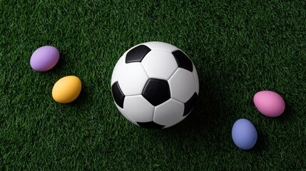 Naklejka premium Soccer ball surrounded by colorful Easter eggs on vibrant green grass, creating a playful and festive atmosphere for spring celebrations and outdoor activities