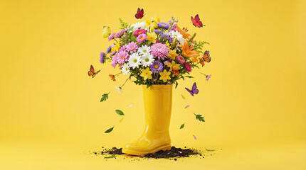 Single bright yellow rubber rain boot filled with vibrant spring flowers and fluttering butterflies on matching yellow background evoking a cheerful playful mood