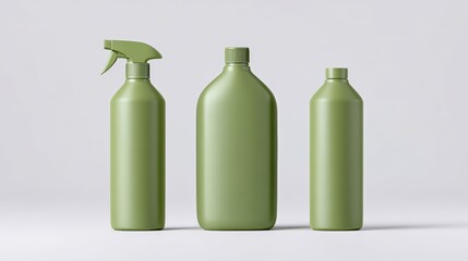 Green plastic bottles in various shapes and sizes, including a spray bottle, arranged on a minimalistic background, showcasing eco-friendly packaging design and versatility for commercial use