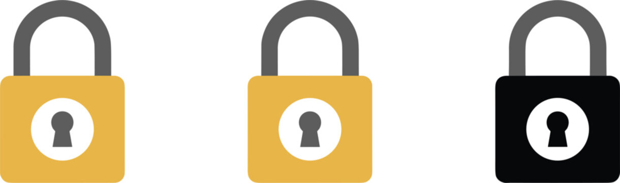 Gold and black padlock icons with gray shackles in solid silhouette styles for security software, data privacy, and access control vector design.
