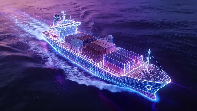 Neon container ship with wireframe structure sailing on ocean surface