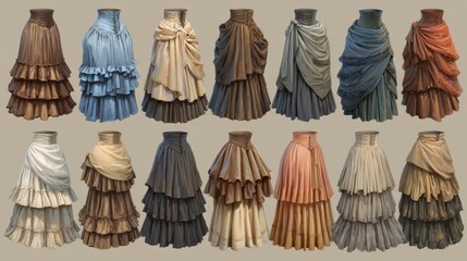Historical Costume Illustration Displaying Diverse Textures and Designs From Different Eras, Showcasing Details of Skirts and Fabrics Used in Attire