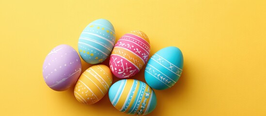 Colorful decorated Easter eggs in various pastel shades arranged on a bright yellow background, symbolizing spring festivities and joyful celebrations of the holiday season