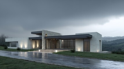Fototapeta premium Modern single-story home with sleek architecture basking under an overcast sky, showcasing a contemporary design set in a serene landscape and tranquil environment