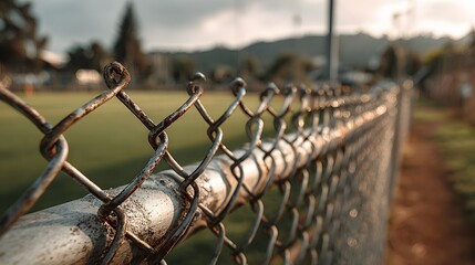 Close-up of galvanized chain-link fence with blurred green grass sports field in background showing sharp metal texture and bright light.