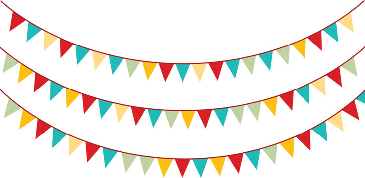 Colorful hanging bunting flags and pennant garlands set for party celebration birthday festival and carnival decorative event design elements