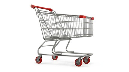 Isolated metal shopping cart with red handle on white background,concept of retail,consumerism,e-commerce logistics and supermarket equipment