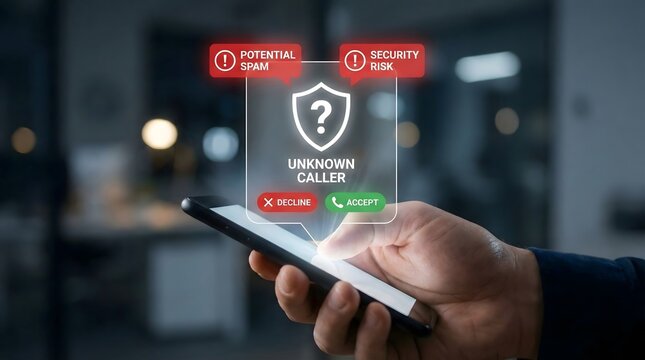 Incoming unknown caller alert on smartphone screen with warning for potential spam and security risk,concept of mobile protection and privacy awareness