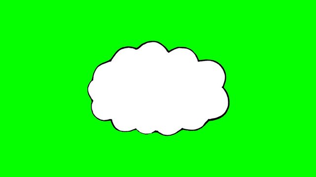 Hand-drawn white thought bubble animation on green screen, comic style cloud dialogue box with black outline for creative video overlays and vlogs.
