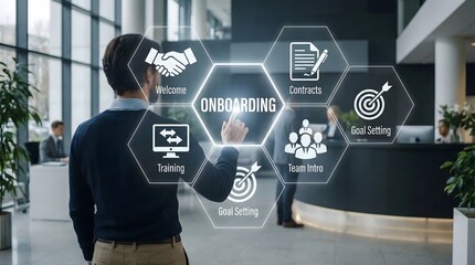 Modern onboarding process in digital workspace,employee using virtual interface to access welcome,training,contracts and goal setting modules