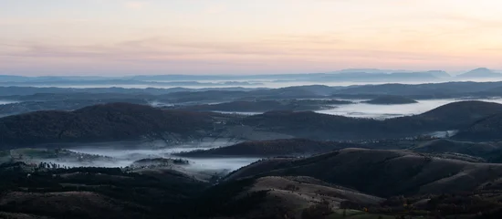 Fleecedeken met foto Herfst Gradina viewpoint at mountain Zlatibor offering beautiful view of hilly rural landscape and valleys filled with fog at dawn, visit Serbia countryside, autumn season at October  © slobodan