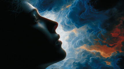 Contemplative Expression: A serene individual gazes upwards, seemingly lost in thought against a vibrant backdrop of swirling clouds, representing dreams and introspections.