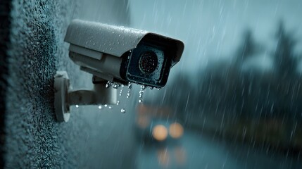 Close-up of white security CCTV camera mounted on textured wall during heavy rainstorm with water droplets on lens housing in moody light.