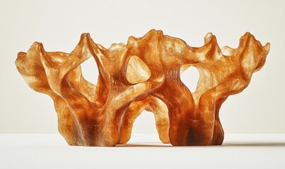Abstract caramel colored sculptural form against a white background