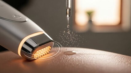 A close-up view of a microneedling device in use on a person's skin