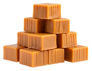 A pyramid of golden-brown, rectangular confections, likely caramel candies, is stacked on a plain white background. The individually-shaped sweets show ridges