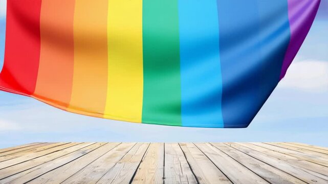 A vibrant pride flag waving gently on wooden surface symbolizes inclusivity and pride in diverse communities.