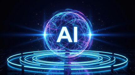 Striking glowing AI letters inside neon wireframe sphere hovering above concentric holographic rings on a dark futuristic digital network stage