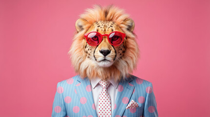 Stylish humanoid lion wearing red sunglasses blue pinstripe suit with pink accents and polka dot tie posing confidently against pink background