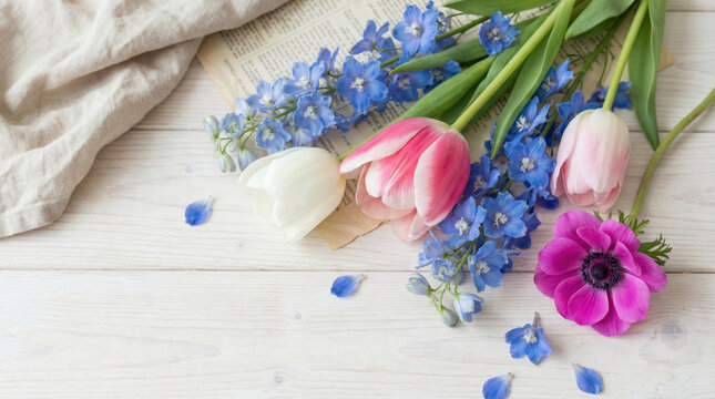 Spring bouquet pink and white tulips blue delphinium and a magenta anemone arranged on rustic white wooden table evokes gentle joyful mood - Powered by Adobe