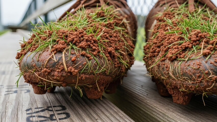 A pair of muddy soccer cleats covered in grass and dirt on a wooden surface