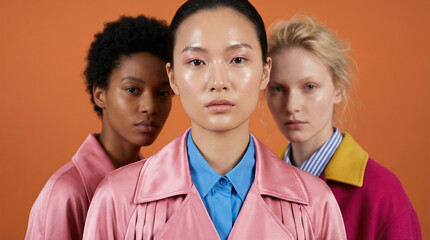 Three diverse fashion models with glossy makeup wearing pink and magenta coats and blue shirts pose confidently against a warm orange background