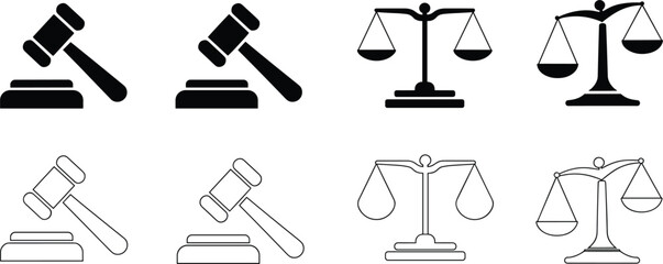 Fototapeta premium Black and White Icons of Gavel and Scales of Justice on White Background Keywords: silhouette, icon, gavel, justice, law, court