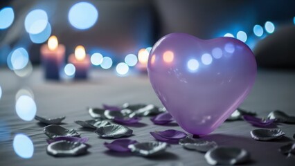 Purple heart balloon with bokeh lights and confetti