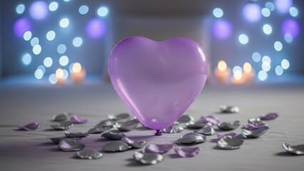 Dreamy purple heart with silver petals and bokeh lights
