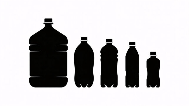 Silhouettes of various plastic water bottles and containers in different sizes.